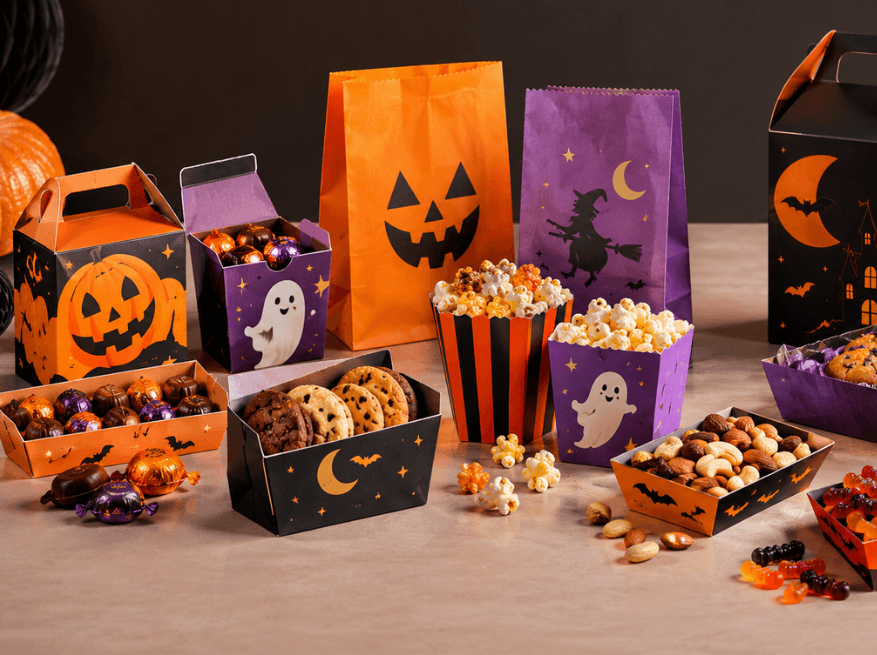 Envases de snacks halloween Chocolates, galletas, confites y otros snacks presentados en envases individuales de cartulina y cartón con temática de Halloween.