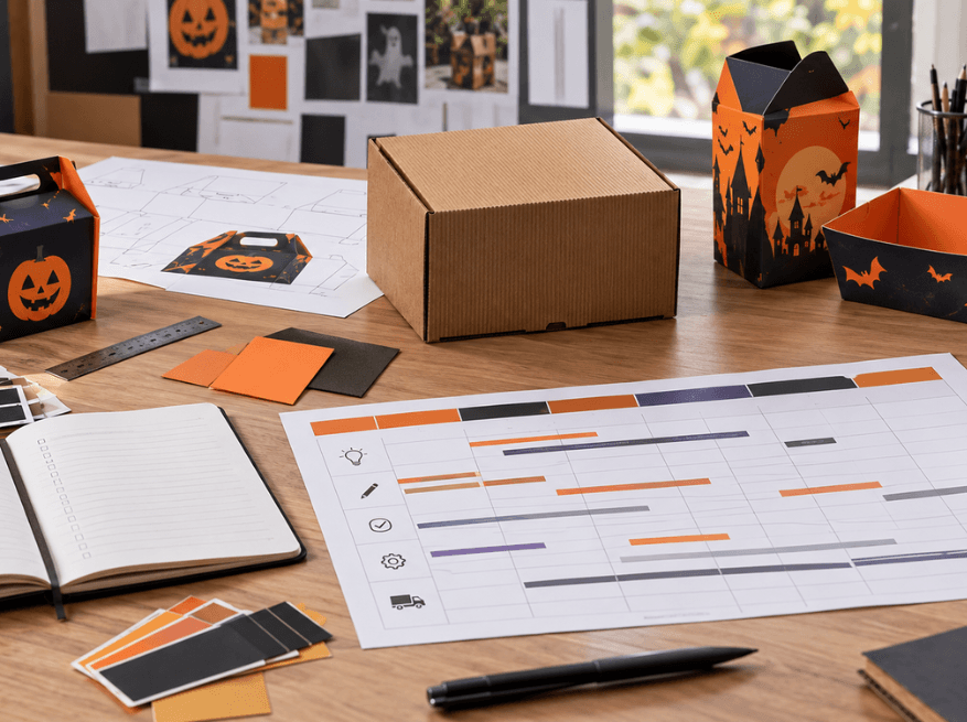 Mesa de planificación halloween Mesa de planificación con muestras de packaging, planos técnicos y calendario inverso para una campaña de Halloween.