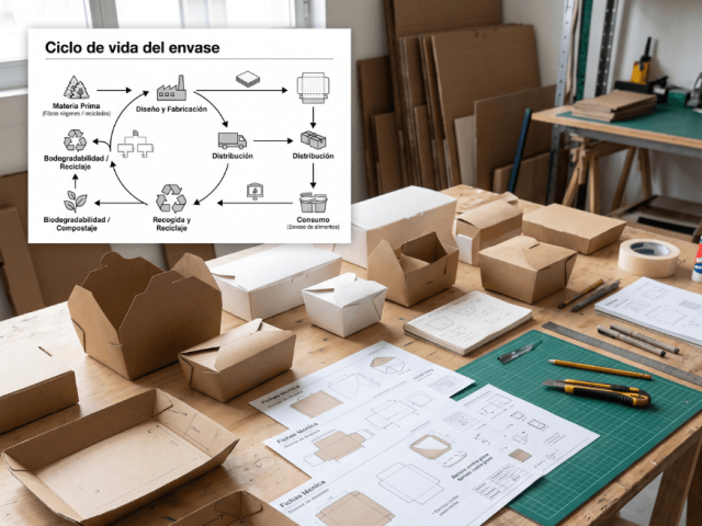 Prototipos de envases de cartulina y cartón para alimentos junto a fichas técnicas de ecodiseño
